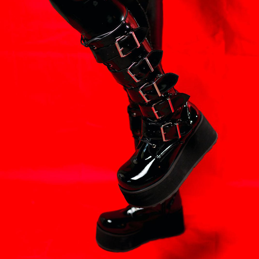 Black Patent Leather Round Toe Wedge Heel Platform Knee High Boots