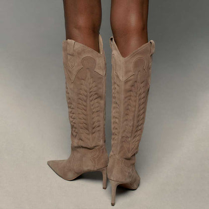 Taupe Pointed Toe Stiletto Heel Stitching Knee High Boots with Zipper