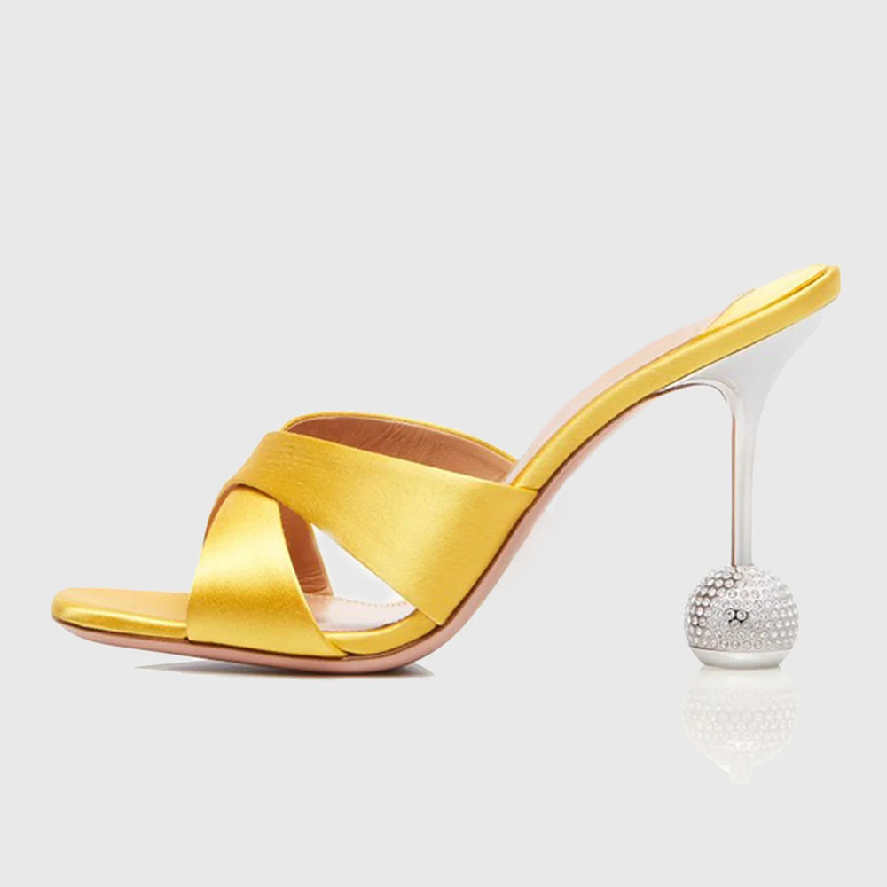 Yellow Crisscross Band Rhinestone Sculptural Heel Mules Sandals