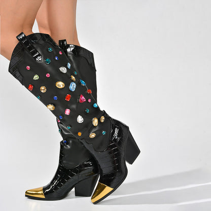 Black Pointed Toe Chunky Heel Knee High Boots with Multicolor Crystal