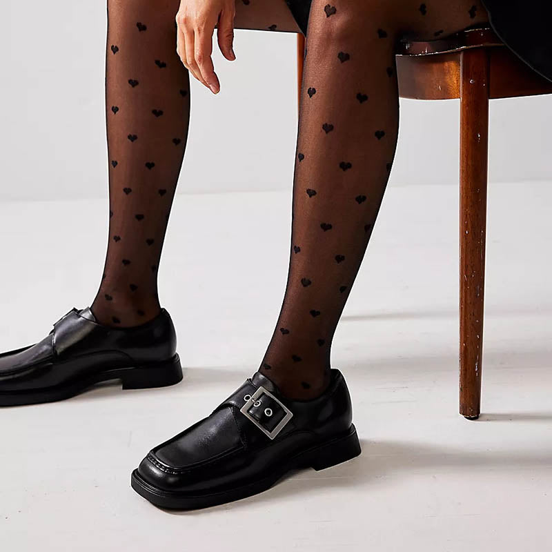 Black Business Casual Shoes Square Toe Buckled Women's Loafers