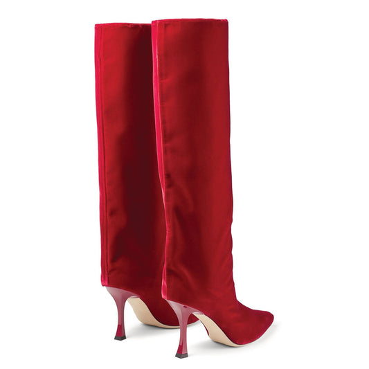 Women's Red Velvet Pointed Toe Knee High Boots with Curved Heel