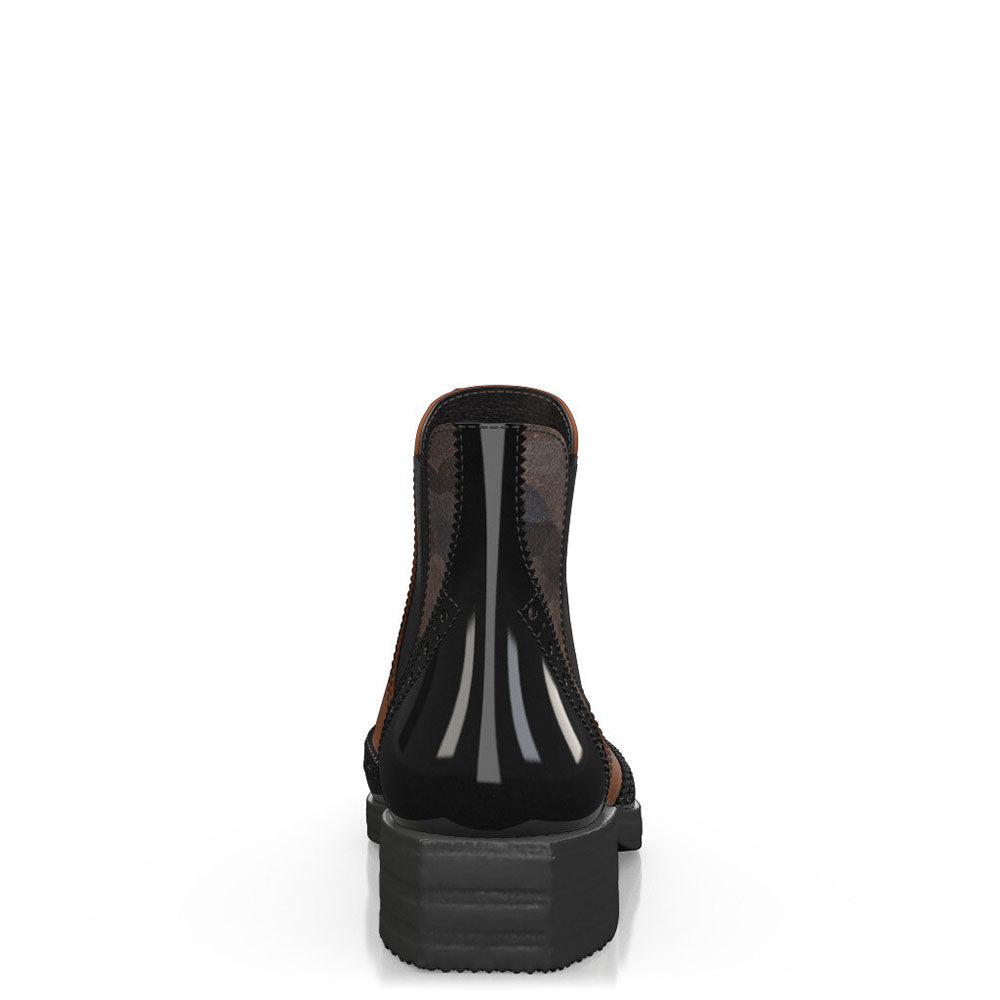 Black & Brown Patent Leather Round Toe Chunky Heel Ankle Boots