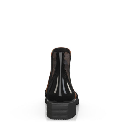 Black & Brown Patent Leather Round Toe Chunky Heel Ankle Boots