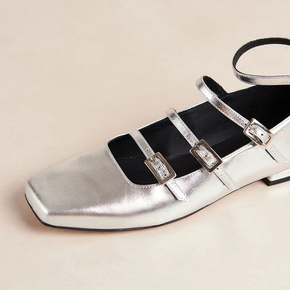 Shiny Silver Square Toe Strappy Flats Buckled Mary Jane Shoes
