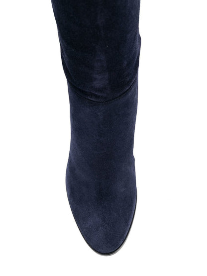 Navy Vegan Suede Round Toe Chunky Heel Knee High Boots