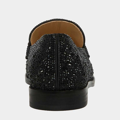 Black Slip-On Round Toe Rhinestone Embellished Women's Loafers