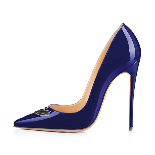 Women's Navy Stiletto Heels Swan Pattern Pointed Toe Office Pumps