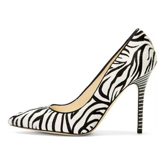 Zebra Horsehair Black and White Pointy Toe Stiletto Heel Pumps Shoes
