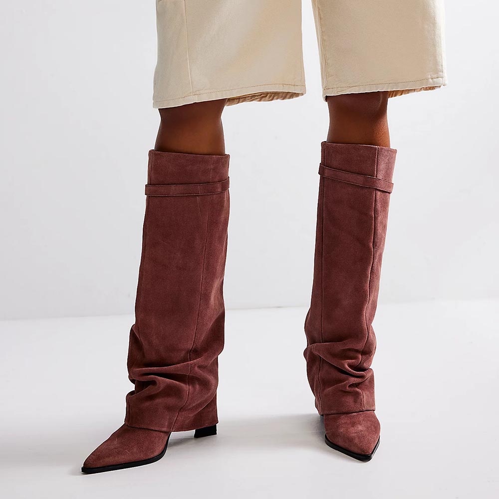 Brown Faux Suede Pointed Toe 4'' Chunky Heel Fold Over Knee High Boots