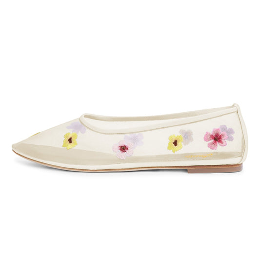 Ivory Mesh Round Toe Floral Embroidered Casual Ballet Flats