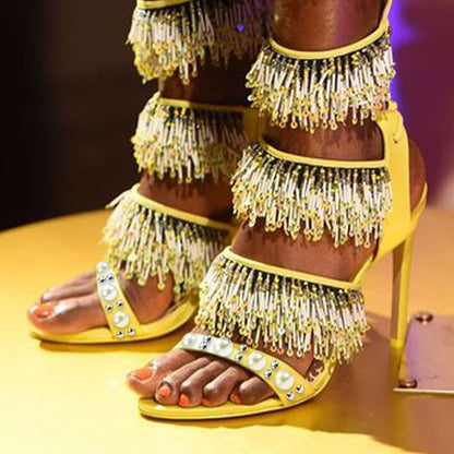 Yellow Open-Toe Beaded Sequin Fringe Knee-High Lace Up Heeled Sandals