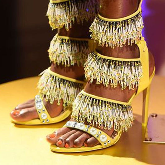 Yellow Open-Toe Beaded Sequin Fringe Knee-High Lace Up Heeled Sandals
