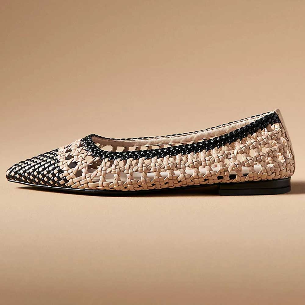 Stylish Nude & Black Pointed Toe Hollow Out Detailed Woven Flats