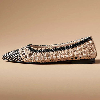 Stylish Nude & Black Pointed Toe Hollow Out Detailed Woven Flats