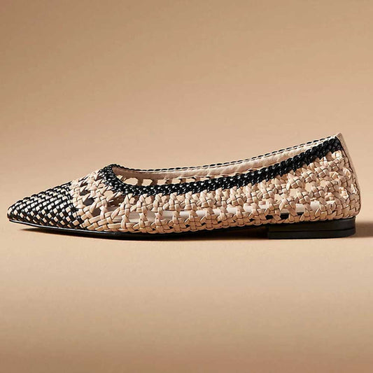 Stylish Nude & Black Pointed Toe Hollow Out Detailed Woven Flats