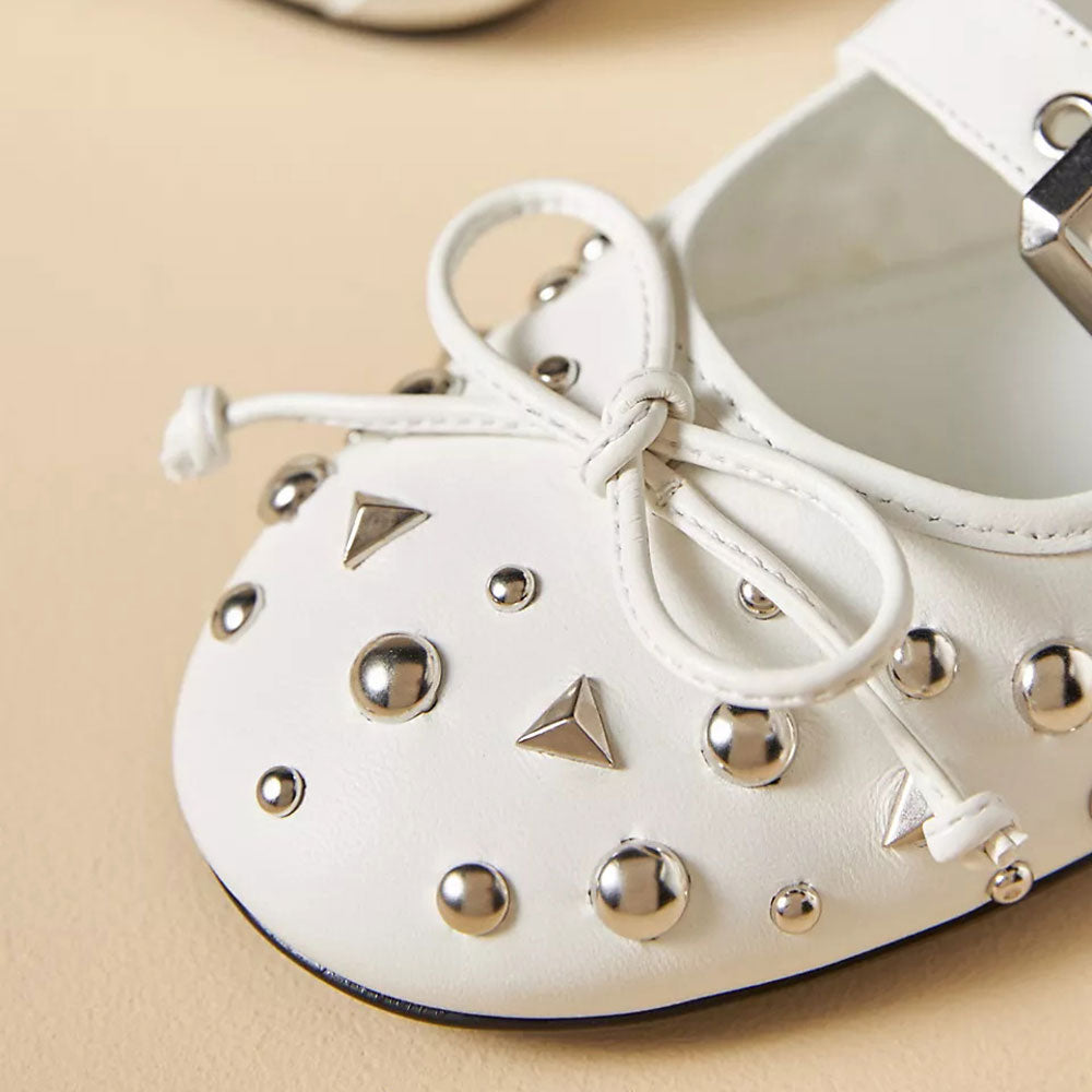 White Round-Toe Buckled Straps Studded Flats with Bow Decor