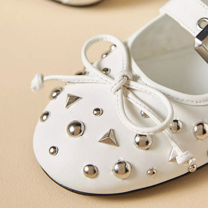 White Round-Toe Buckled Straps Studded Flats with Bow Decor