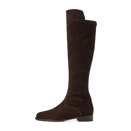 Classic Dark Brown Vegan Suede Round Toe Flat Knee High Boots