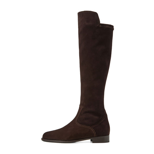 Classic Dark Brown Vegan Suede Round Toe Flat Knee High Boots