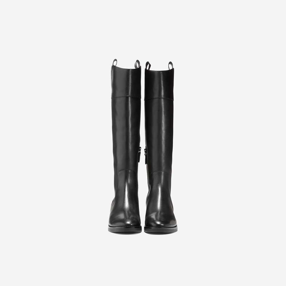 Black Vegan Leather Closed Toe Chunky Heel Knee High Boots
