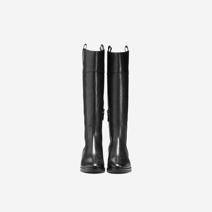 Black Vegan Leather Closed Toe Chunky Heel Knee High Boots