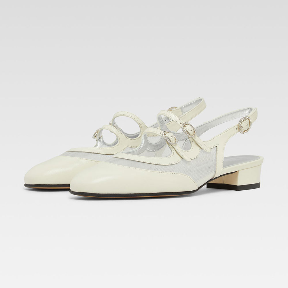 White Mesh Rhinestone Buckle Straps Mary Jane Flats with Slingback