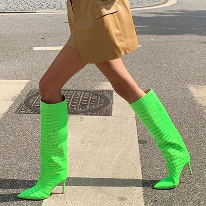 Neon Green Crocodile Embossed Slip On Stiletto Heel Knee High Boots