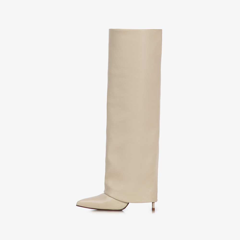 Beige Pointed Toe Stiletto Heel Fold Over Wide Claf Knee High Boots