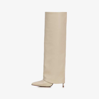 Beige Pointed Toe Stiletto Heel Fold Over Wide Claf Knee High Boots