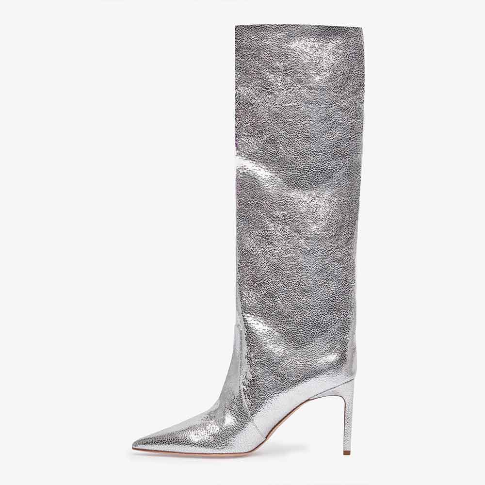 Silver Metallic Pointy Toe Stiletto Heel Wide Calf Knee High Boots