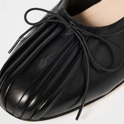 Black Bow Pleated Round Toe Ballet Flats with Beaded Buckle Strap