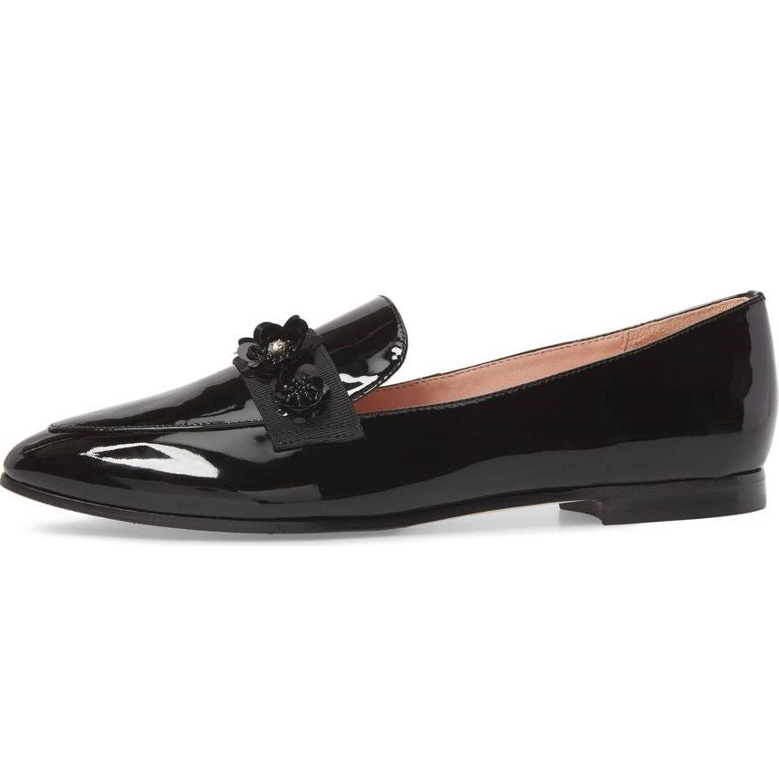 Black Patent Leather Vintage Beaded Flower Flats Women's Loafers