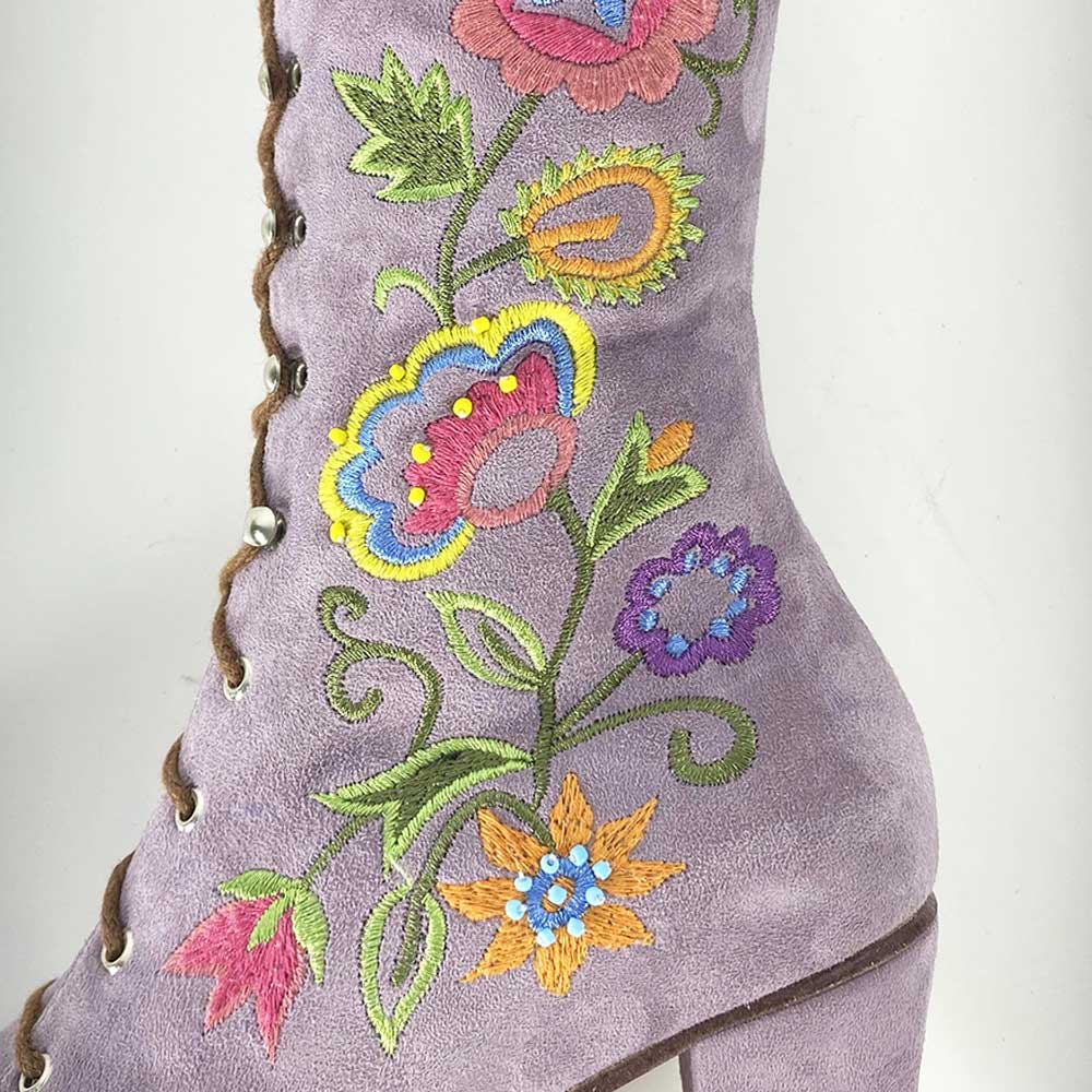 Lavender Closed-Toe Lace-Up Flower Embroidered Mid Calf Boots