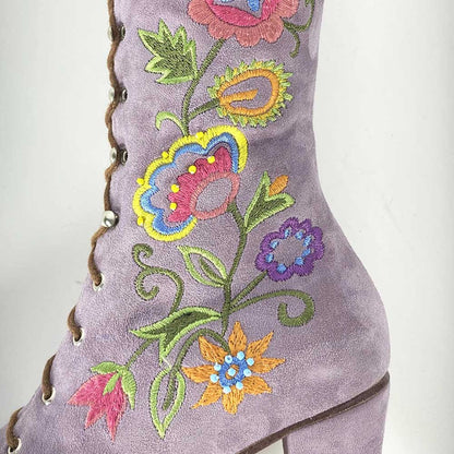 Lavender Closed-Toe Lace-Up Flower Embroidered Mid Calf Boots