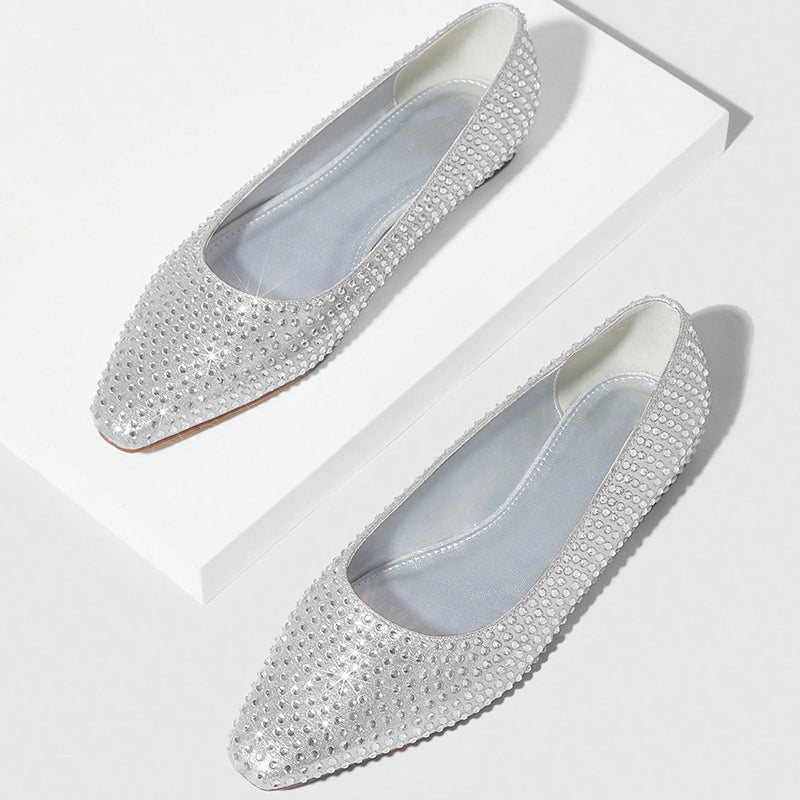 Women's Elegant Almond Toe Rhinestone Embellished Flats in Silver