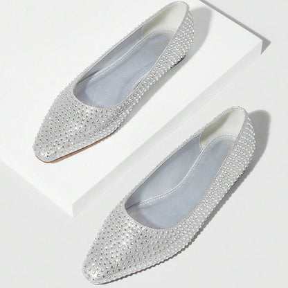 Women's Elegant Almond Toe Rhinestone Embellished Flats in Silver