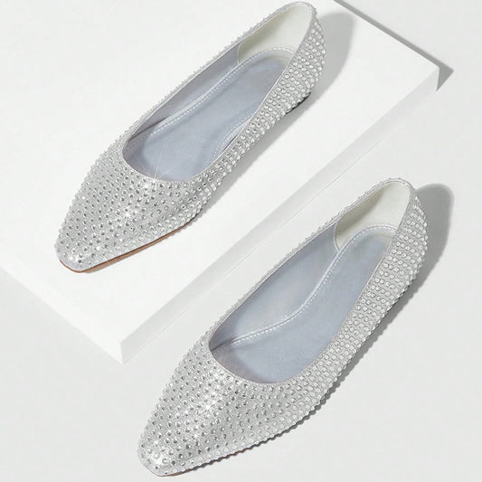 Women's Elegant Almond Toe Rhinestone Embellished Flats in Silver