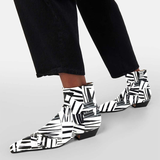 White & Black Square Toe Zipper Ankle Boots with Chunky Heel