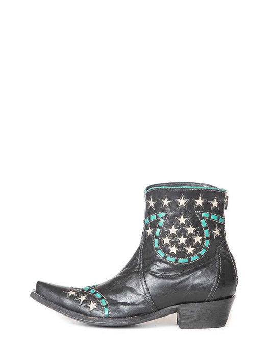 Black Vegan Leather Snip Toe Star Patch-Work Cowgirl Ankle Boots With Chunky Heels