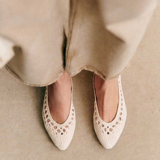 White Vegan Leather Pointed Toe Flat Slip-On Woven Shoes