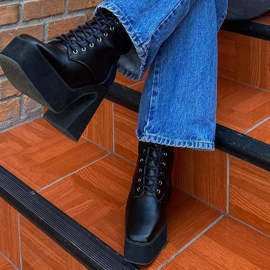 Black Square Toe Chunky Heel Fashion Platform Lace Up Ankle Boots