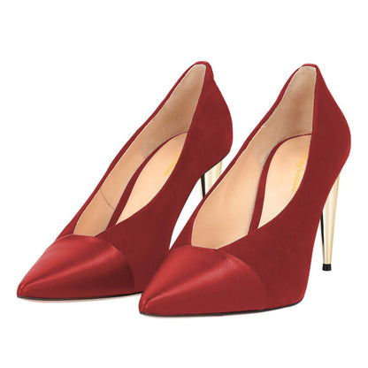 Women's Patchwork Pointed Toe Slip-On Cone Heel Red Pumps