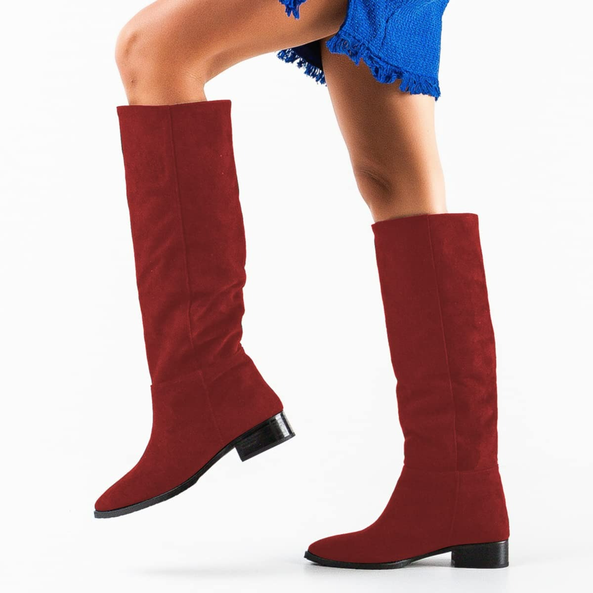 Red Vegan Suede Pointed Toe Chunky Heel Knee High Boots for Women