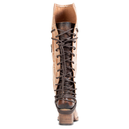 Light Brown Round Toe Lace-Up Stacked Heel Zipper Knee High Boots