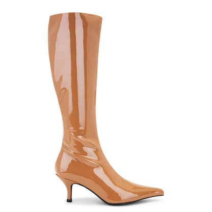 Simple Tan Patent Leather Pointed Toe Stiletto Heel Knee High Boots