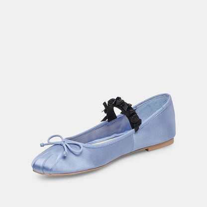 Light Blue Satin Pleated Square Toe Bow Ballet Flats with A Strap