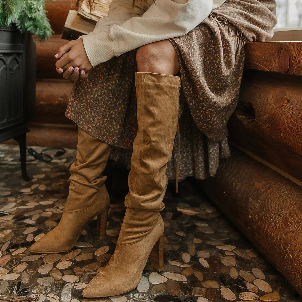 Brown Faux Suede Pointed Toe 4'' Chunky Heel Lace Up Knee High Boots