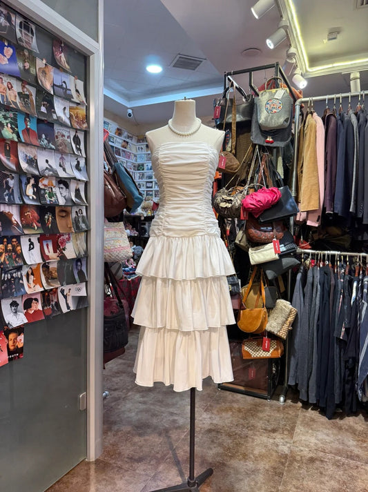 Sweet White A-line Strapless Pleated Satin Prom Dress evening dress P4144