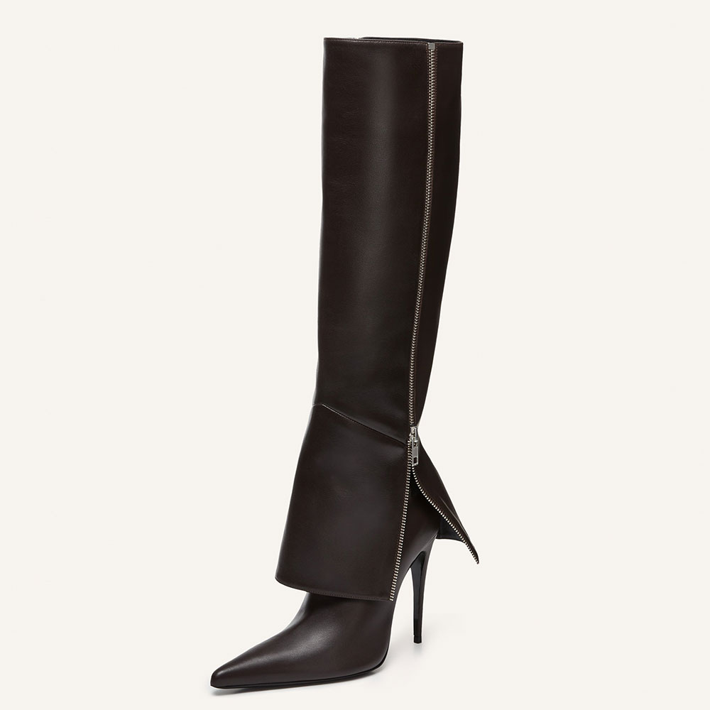 Brown Pointed Toe Stiletto Heel Fold-Over Knee High Boots with Zipper